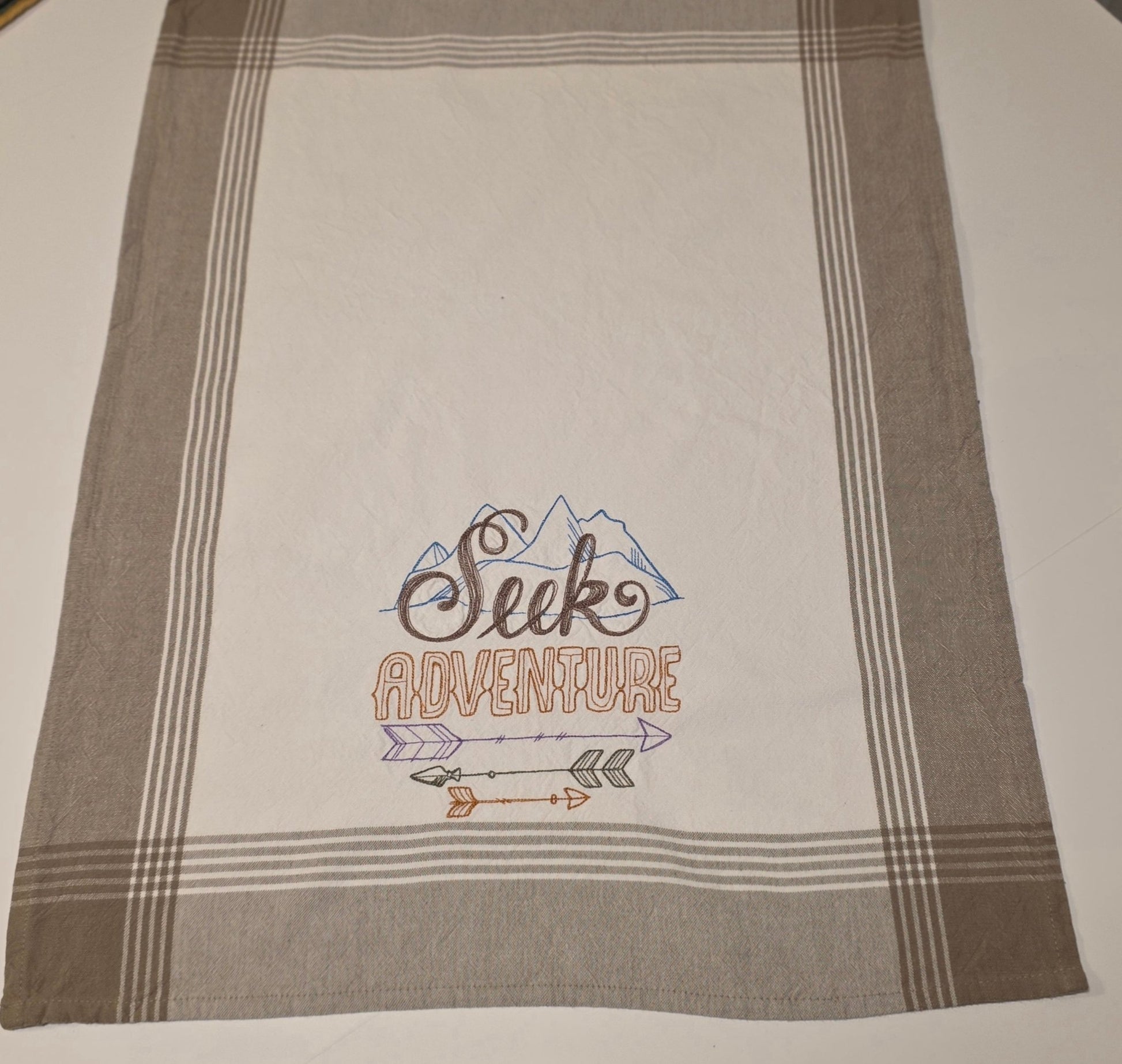 Embroidered Tea Towel - Seek Adventure - Crafty Juniper