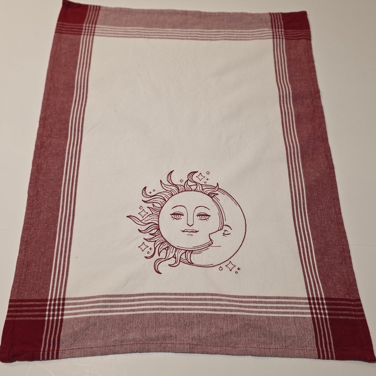 Embroidered Tea Towel - Vintage Celestial Sun and Moon